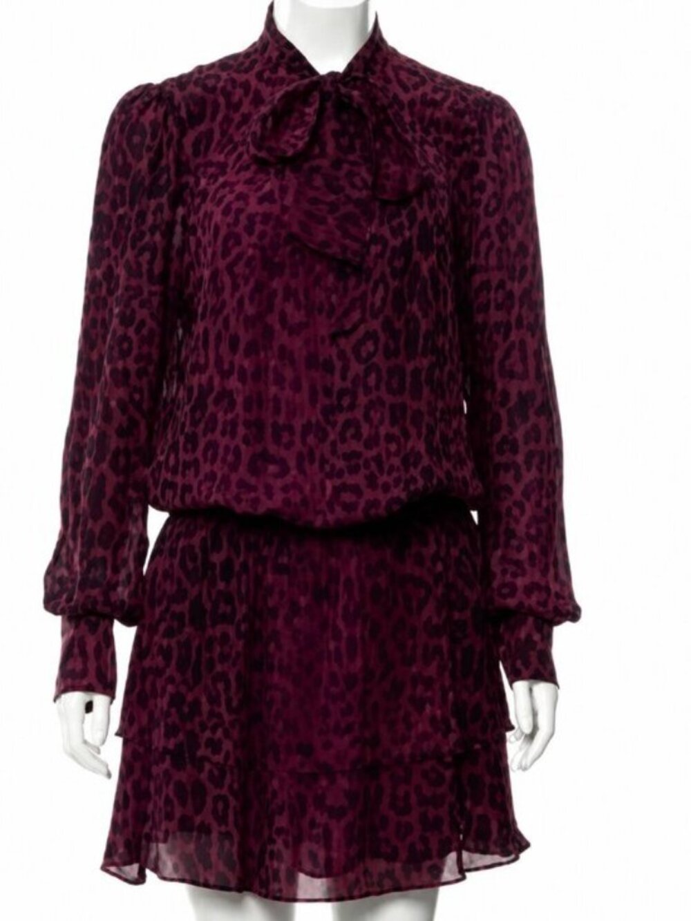 Parker Black Purple Leopard Print Long Sleeve Ruffle Mini Dress S